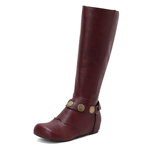 Lizoleor Klassische Runde Zehen Side Reißverschluss Damen Knee Hohe Stiefel Weit Fit Keilabsatz Brogue Ruffles Long Anzugstiefel Rotwein Gr 41 EU/43Cn von Lizoleor