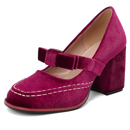 Lizoleor Klassische Square Toe Blockabsatz Velvet Damen Pumps Retro High Chunky Heel Weit Fit Mode Abendschuhe Rotwein Gr 36.5 EU/37Cn von Lizoleor
