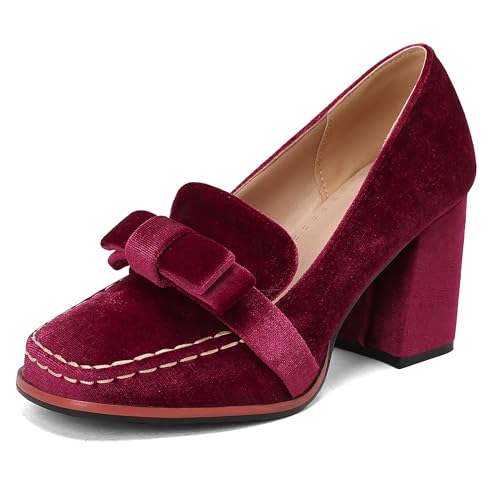 Lizoleor Klassische Square Toe Blockabsatz Velvet Damen Pumps Retro High Chunky Heel Weit Fit Mode Abendschuhe Rotwein Gr 41 EU/43Cn von Lizoleor