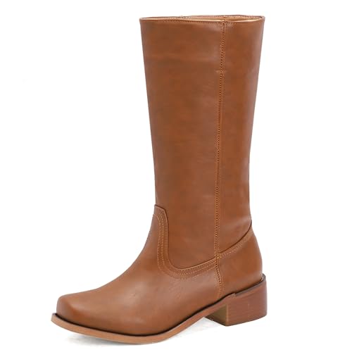 Lizoleor Klassische Weit Calf Ohne Verschluss Blockabsatz Damen Knee Stiefel Little Square Toe Komfort Mitte Absatz High Cowboystiefel Rot-Braun Gr 36.5 EU/37Cn von Lizoleor