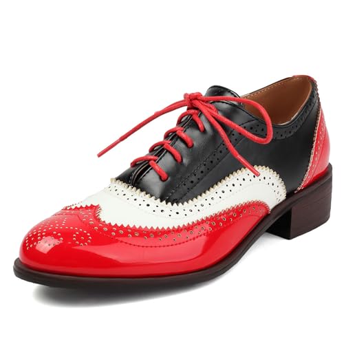 Lizoleor Klassischer British Style Damen Brogue Schnüren Komfort Low Mid Blockabsatz Runde Zehen Carved Girl Schule Pumps Rot Gr 38 EU/39Cn von Lizoleor