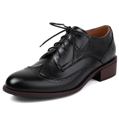 Lizoleor Klassischer British Style Damen Brogue Schnüren Komfort Low Mid Blockabsatz Runde Zehen Carved Girl Schule Pumps Schwarz Gr 37 EU/38Cn von Lizoleor