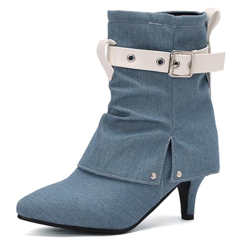 Lizoleor Klassischer Kitten Heel Damänner Stiefeletten Pointed Toe Schnüren Schnalle Franse Knöchelbündchen Ohne Verschluss Winter Kleid Boots Blau Gr 40 EU/41Cn von Lizoleor