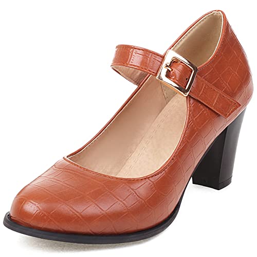 Lizoleor Klassischer Mary Jane Damen Knöchelriemchen Closed Toe Blockabsatz Pumps Leisure Höhe Ferse Formal Buro Schuhe Braun Gr 35 EU von Lizoleor