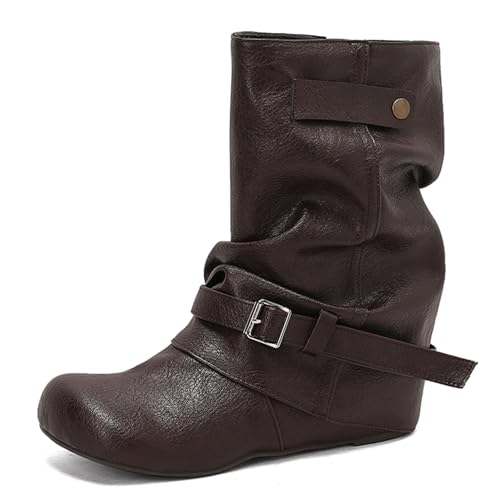 Lizoleor Knöchelbündchen Runde Zehen Ohne Verschluss Damen Stiefeletten Weit Fit Keilabsatz Ohne Verschluss Klassische Schnalle Herbst Stiefeletten Dark-Braun Gr 37 EU/38Cn von Lizoleor