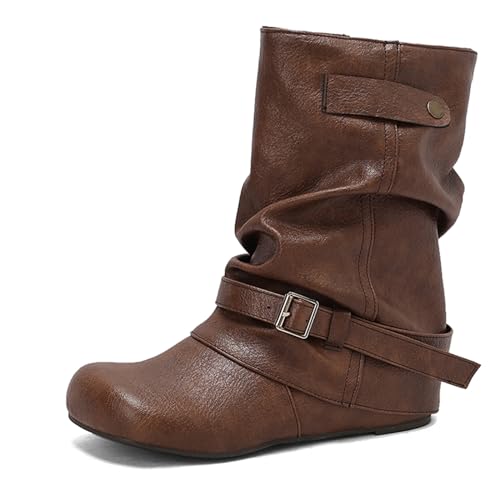 Lizoleor Knöchelbündchen Runde Zehen Ohne Verschluss Damen Stiefeletten Weit Fit Keilabsatz Ohne Verschluss Klassische Schnalle Herbst Stiefeletten Kaffee Gr 35 EU von Lizoleor