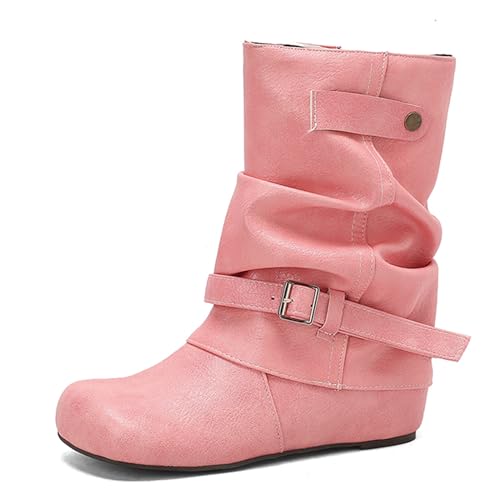 Lizoleor Knöchelbündchen Runde Zehen Ohne Verschluss Damen Stiefeletten Weit Fit Keilabsatz Ohne Verschluss Klassische Schnalle Herbst Stiefeletten Pink Gr 40.5 EU/42Cn von Lizoleor