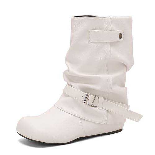 Lizoleor Knöchelbündchen Runde Zehen Ohne Verschluss Damen Stiefeletten Weit Fit Keilabsatz Ohne Verschluss Klassische Schnalle Herbst Stiefeletten Weiß Gr 48 EU/50Cn von Lizoleor