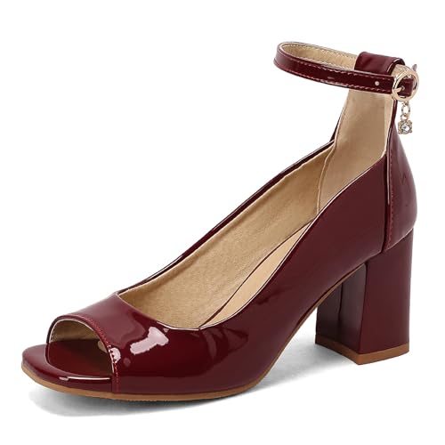 Lizoleor Knöchelriemchen Mary Jane Damen Peep Toe Chunky Heel Pumps Western Style Concise Arbeit Schuhe Sommer Business Schuhe Rotwein Gr 42 EU/44Cn von Lizoleor