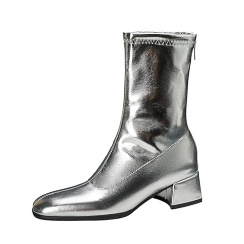 Lizoleor Komfort Mitte Absatz Square Toe Damen Ankle High Anzugstiefel Elegant Lack Glitzer Weit Fit Back Reißverschluss Abend Stiefeletten Silber Gr 40.5 EU/42Cn von Lizoleor