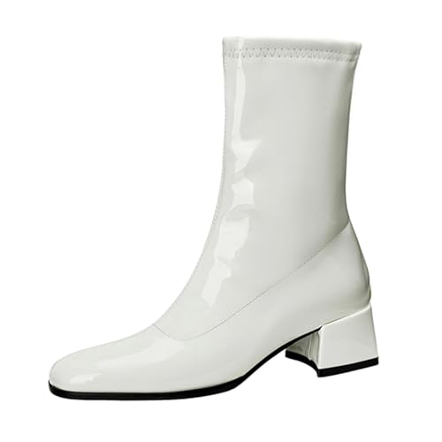 Lizoleor Komfort Mitte Absatz Square Toe Damen Ankle High Anzugstiefel Elegant Lack Glitzer Weit Fit Back Reißverschluss Abend Stiefeletten Weiß Gr 39 EU/40Cn von Lizoleor