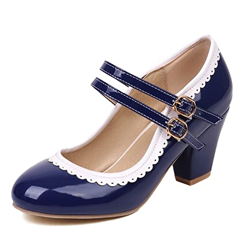 Lizoleor Lack Mary Jane Damen Knöchelriemchen Blockabsatz Party Schuhe Closed Toe Hochzeit Höhe Ferse Pumps Prom Dark-Blau Gr 40 EU/41Cn von Lizoleor