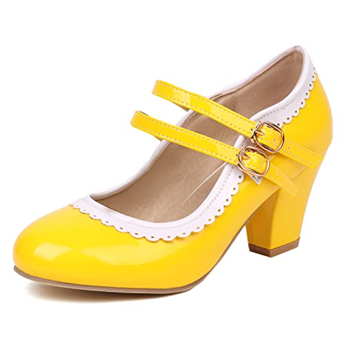 Lizoleor Lack Mary Jane Damen Knöchelriemchen Blockabsatz Party Schuhe Closed Toe Hochzeit Höhe Ferse Pumps Prom Gelb Gr 37 EU/38Cn von Lizoleor