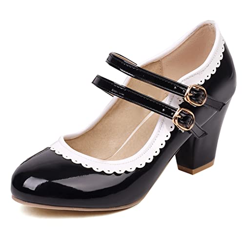 Lizoleor Lack Mary Jane Damen Knöchelriemchen Blockabsatz Party Schuhe Closed Toe Hochzeit Höhe Ferse Pumps Prom Schwarz Gr 36 EU von Lizoleor