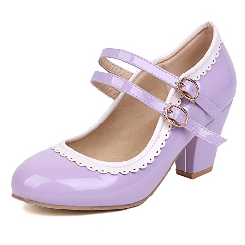 Lizoleor Lack Mary Jane Damen Knöchelriemchen Blockabsatz Party Schuhe Closed Toe Hochzeit Höhe Ferse Pumps Prom Violett Gr 39 EU/40Cn von Lizoleor