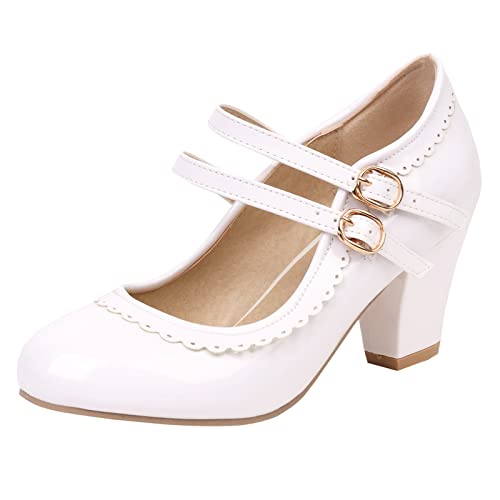 Lizoleor Lack Mary Jane Damen Knöchelriemchen Blockabsatz Party Schuhe Closed Toe Hochzeit Höhe Ferse Pumps Prom Weiß Gr 41 EU/43Cn von Lizoleor