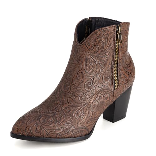 Lizoleor Leisure Blume Blockabsatz Pointed Toe Damen Cowboystiefel Two Side Reißverschlusss Mitte Absatz Klassische Kurz Westernstiefel Dark-Braun Gr 48 EU/50Cn von Lizoleor