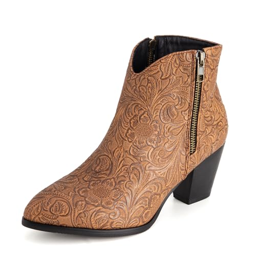 Lizoleor Leisure Blume Blockabsatz Pointed Toe Damen Cowboystiefel Two Side Reißverschlusss Mitte Absatz Klassische Kurz Westernstiefel Gelb-Braun Gr 45 EU/47Cn von Lizoleor