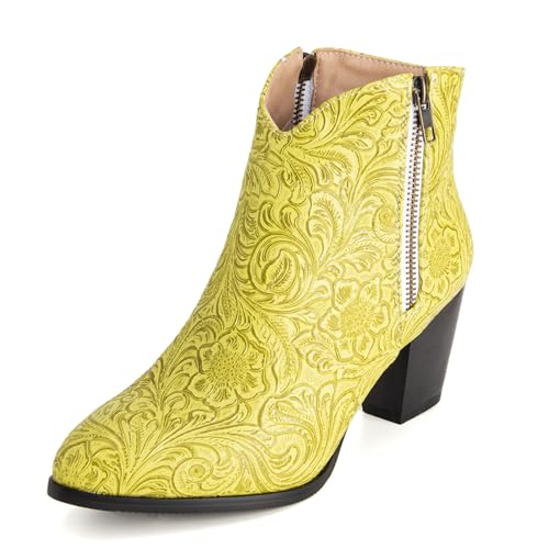 Lizoleor Leisure Blume Blockabsatz Pointed Toe Damen Cowboystiefel Two Side Reißverschlusss Mitte Absatz Klassische Kurz Westernstiefel Gelb Gr 42 EU/44Cn von Lizoleor