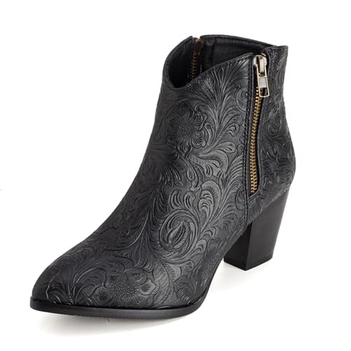 Lizoleor Leisure Blume Blockabsatz Pointed Toe Damen Cowboystiefel Two Side Reißverschlusss Mitte Absatz Klassische Kurz Westernstiefel Schwarz Gr 47 EU/49Cn von Lizoleor