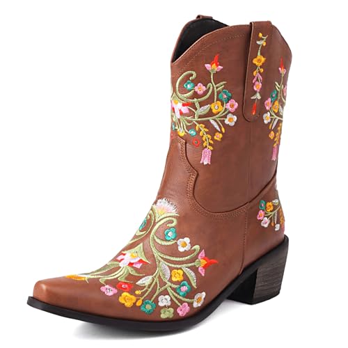 Lizoleor Little Square Toe Bestickt Mitte Absatz Damen Cowboystiefel Ohne Verschluss Weit Calf Blockabsatz Blumes Stiefeletten Braun Gr 43 EU/45Cn von Lizoleor
