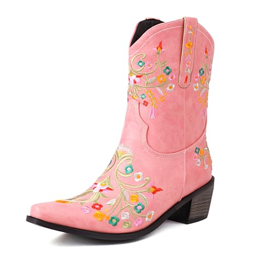 Lizoleor Little Square Toe Bestickt Mitte Absatz Damen Cowboystiefel Ohne Verschluss Weit Calf Blockabsatz Blumes Stiefeletten Pink Gr 41 EU/43Cn von Lizoleor