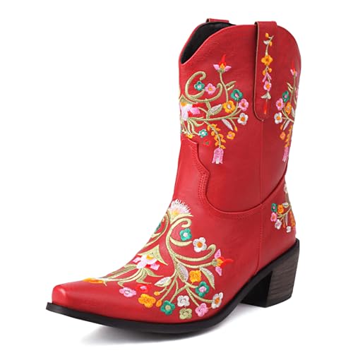 Lizoleor Little Square Toe Bestickt Mitte Absatz Damen Cowboystiefel Ohne Verschluss Weit Calf Blockabsatz Blumes Stiefeletten Rot Gr 36.5 EU/37Cn von Lizoleor