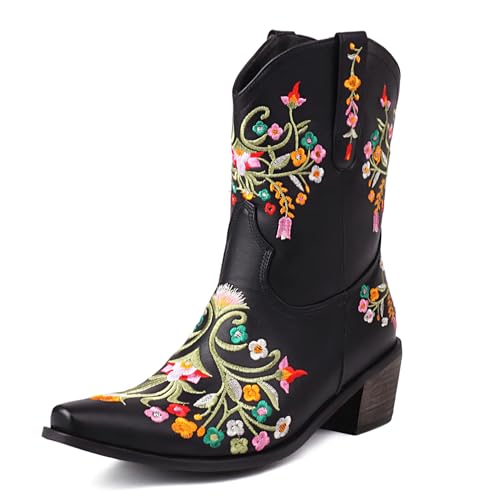 Lizoleor Little Square Toe Bestickt Mitte Absatz Damen Cowboystiefel Ohne Verschluss Weit Calf Blockabsatz Blumes Stiefeletten Schwarz Gr 40.5 EU/42Cn von Lizoleor