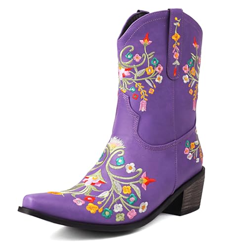 Lizoleor Little Square Toe Bestickt Mitte Absatz Damen Cowboystiefel Ohne Verschluss Weit Calf Blockabsatz Blumes Stiefeletten Violett Gr 39 EU/40Cn von Lizoleor