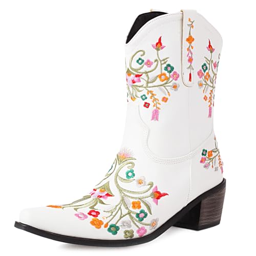 Lizoleor Little Square Toe Bestickt Mitte Absatz Damen Cowboystiefel Ohne Verschluss Weit Calf Blockabsatz Blumes Stiefeletten Weiß Gr 43 EU/45Cn von Lizoleor