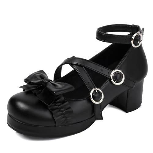 Lizoleor Lolita Mary Jane Plateau Runde Zehen Sweet Damen Schuhe Lovely Bogen Spitze Ruffles Blockabsatz Girl Kleid Schuhe Schwarz Gr 42 EU/44Cn von Lizoleor