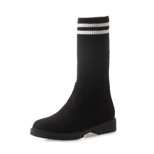 Lizoleor Low Blockabsatz Runde Zehen Damen Strickented Stretch Stiefel Ohne Verschluss Wildleder Leisure Komfort Plateau Elastisch Stiefel Schwarz-Kurz Gr 32 EU von Lizoleor