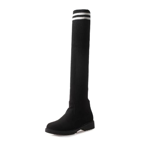 Lizoleor Low Blockabsatz Runde Zehen Damen Strickented Stretch Stiefel Ohne Verschluss Wildleder Leisure Komfort Plateau Elastisch Stiefel Schwarz-Long Gr 41 EU/43Cn von Lizoleor