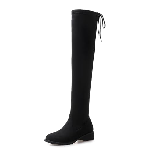 Lizoleor Low Mitte Blockabsatz Runde Zehen Damen Overknees Stretch Stiefel Concise Wildleder Ohne Verschluss Elegant Schnüren Oberschenkelhohe Stiefel Schwarz Gr 40 EU/41Cn von Lizoleor