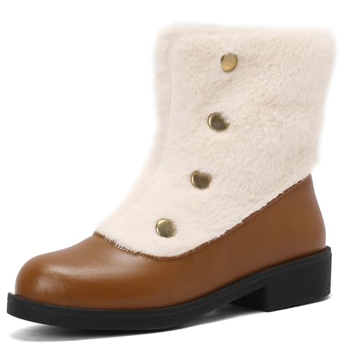 Lizoleor Low Mitte Blockabsatz Side Reißverschluss Warm Fell Damen Schneestiefel Runde Zehen Plateau Buttons Winter Stiefeletten Braun Gr 35 EU von Lizoleor