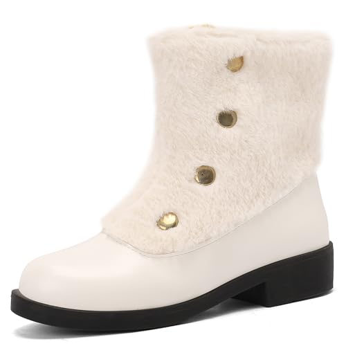 Lizoleor Low Mitte Blockabsatz Side Reißverschluss Warm Fell Damen Schneestiefel Runde Zehen Plateau Buttons Winter Stiefeletten Weiß Gr 45 EU/47Cn von Lizoleor