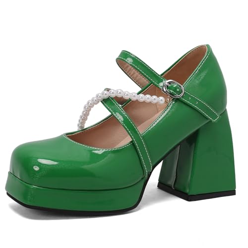 Lizoleor Mary Jane Chunky Heel Square Toe Lack Damen Schuhe Klassischer Blockabsatz Kleid Schuhe Hochzeit Sommer Weit Fit Schuhe Grün Gr 41 EU/43Cn von Lizoleor