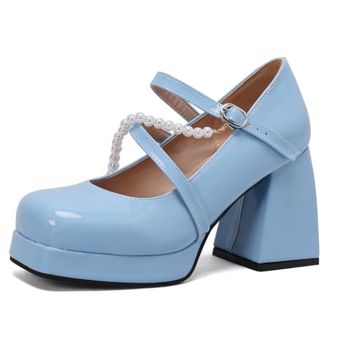 Lizoleor Mary Jane Chunky Heel Square Toe Lack Damen Schuhe Klassischer Blockabsatz Kleid Schuhe Hochzeit Sommer Weit Fit Schuhe Light-Blau Gr 41 EU/43Cn von Lizoleor