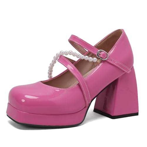Lizoleor Mary Jane Chunky Heel Square Toe Lack Damen Schuhe Klassischer Blockabsatz Kleid Schuhe Hochzeit Sommer Weit Fit Schuhe Rose Gr 41 EU/43Cn von Lizoleor