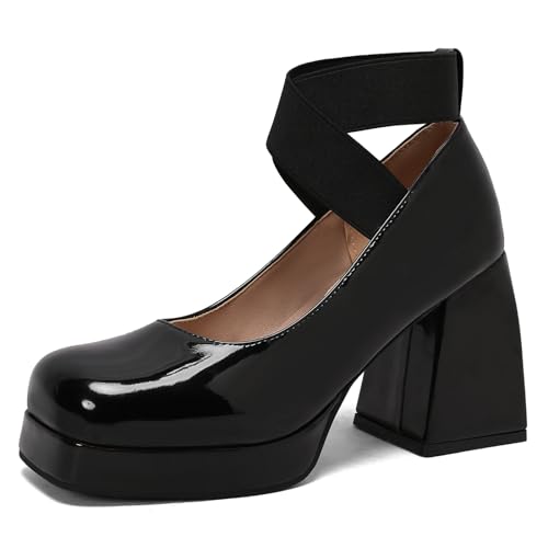 Lizoleor Mary Jane Chunky Heel Square Toe Lack Damen Schuhe Klassischer Blockabsatz Kleid Schuhe Hochzeit Sommer Weit Fit Schuhe Schwarz Gr 39 EU/40Cn von Lizoleor