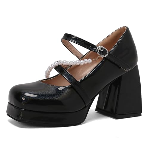 Lizoleor Mary Jane Chunky Heel Square Toe Lack Damen Schuhe Klassischer Blockabsatz Kleid Schuhe Hochzeit Sommer Weit Fit Schuhe Schwarz Gr 42 EU/44Cn von Lizoleor