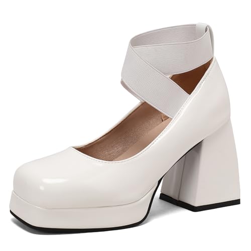 Lizoleor Mary Jane Chunky Heel Square Toe Lack Damen Schuhe Klassischer Blockabsatz Kleid Schuhe Hochzeit Sommer Weit Fit Schuhe Weiß Gr 40 EU/41Cn von Lizoleor