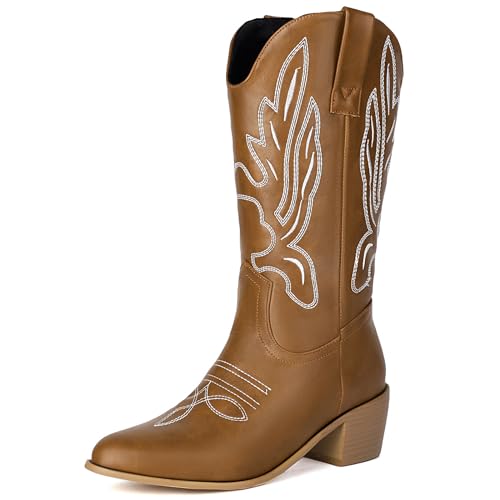 Lizoleor Mid Chunky Heel Pointed Toe Ohne Verschluss Damen Cowboystiefel Bestickt Weit Calf Western Style Halbschaft Reitstiefel Braun Gr 36 EU von Lizoleor