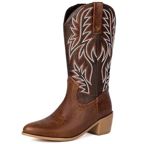 Lizoleor Mid Chunky Heel Pointed Toe Ohne Verschluss Damen Cowboystiefel Bestickt Weit Calf Western Style Halbschaft Reitstiefel Dark-Braun Gr 41 EU/43Cn von Lizoleor