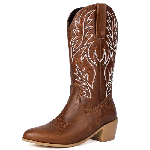Lizoleor Mid Chunky Heel Pointed Toe Ohne Verschluss Damen Cowboystiefel Bestickt Weit Calf Western Style Halbschaft Reitstiefel Light-Braun Gr 39 EU/40Cn von Lizoleor
