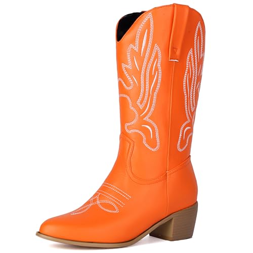 Lizoleor Mid Chunky Heel Pointed Toe Ohne Verschluss Damen Cowboystiefel Bestickt Weit Calf Western Style Halbschaft Reitstiefel Orange Gr 40.5 EU/42Cn von Lizoleor