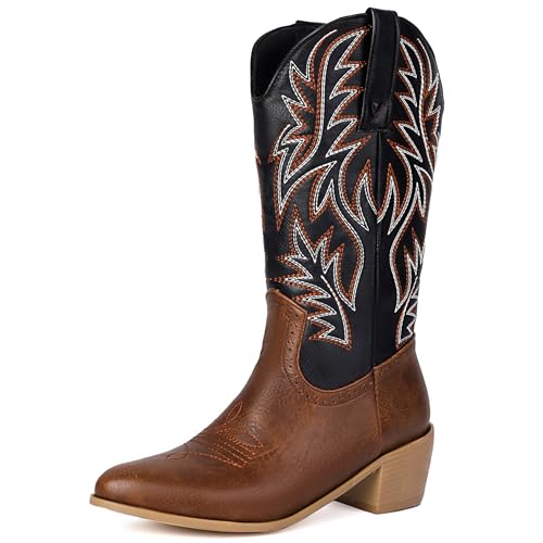 Lizoleor Mid Chunky Heel Pointed Toe Ohne Verschluss Damen Cowboystiefel Bestickt Weit Calf Western Style Halbschaft Reitstiefel Schwarz-Braun Gr 36.5 EU/37Cn von Lizoleor