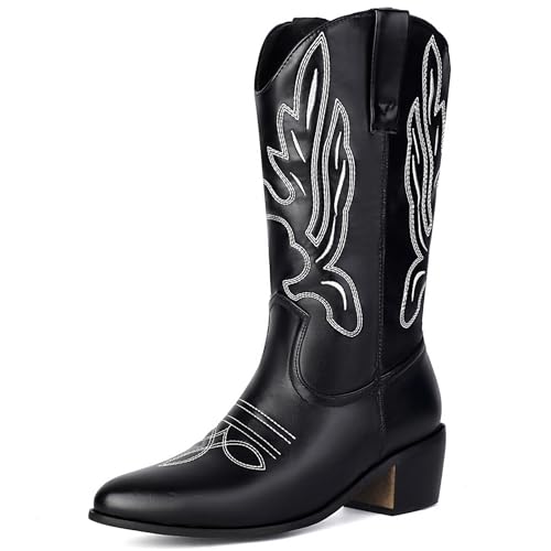 Lizoleor Mid Chunky Heel Pointed Toe Ohne Verschluss Damen Cowboystiefel Bestickt Weit Calf Western Style Halbschaft Reitstiefel Schwarz Gr 40.5 EU/42Cn von Lizoleor