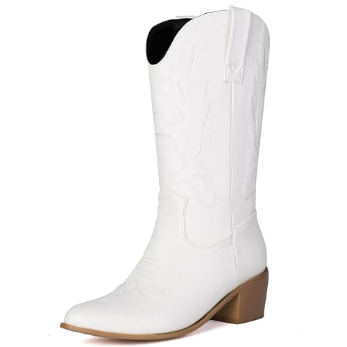Lizoleor Mid Chunky Heel Pointed Toe Ohne Verschluss Damen Cowboystiefel Bestickt Weit Calf Western Style Halbschaft Reitstiefel Weiß Gr 38 EU/39Cn Lizoleor Mid Chunky Heel Pointed Toe Ohne Verschluss Damen Cowboystiefel Bestickt Weit Calf Western Style Halbschaft Reitstiefel Weiß Gr 38 EU/39Cn von Lizoleor