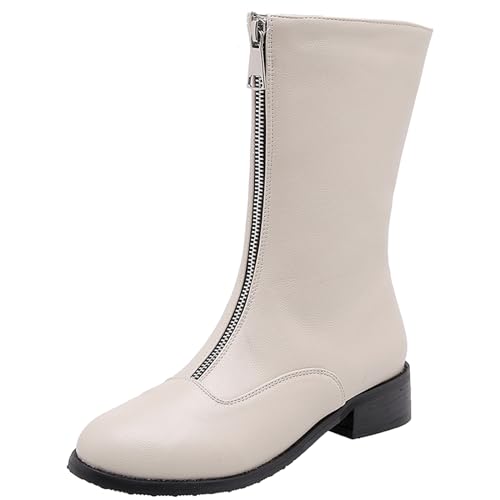 Lizoleor Mid Niedrige Absatz Runde Zehen Reißverschluss Damen Hohe Stiefel Blockabsatz Solid Color Leisure Kurz Reitstiefel Beige Gr 52 EU/54Cn von Lizoleor